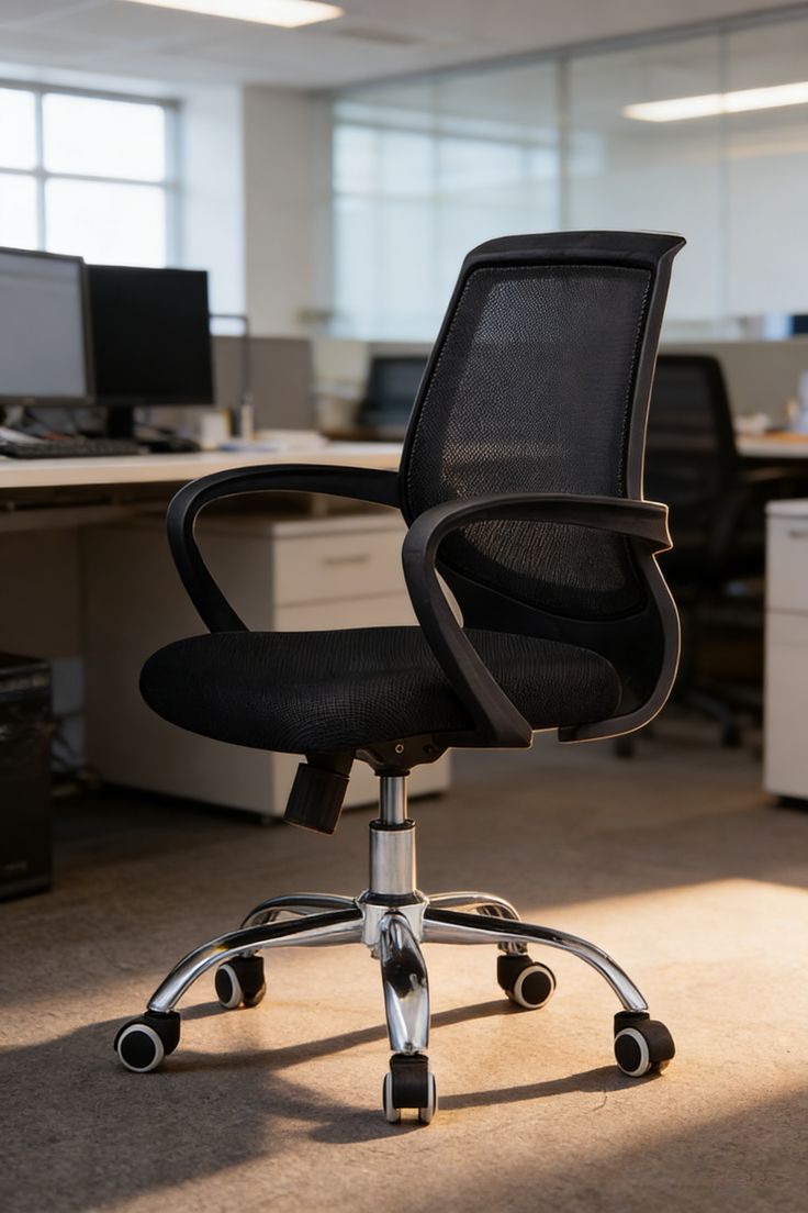 Black leather executive office chair with chrome cantilever frame